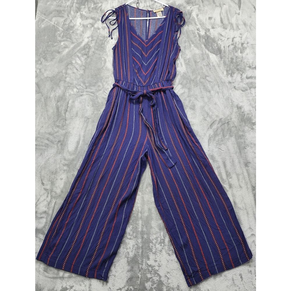 Davina Jumpsuit Womens M Blue Red Striped Rayon Sleeveless Belted Wide Leg‎